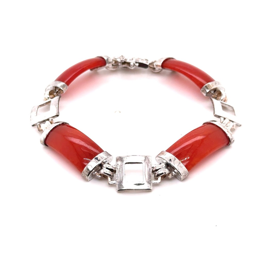 Vintage Sterling Silver Red Carnelian Jade Link Bracelet 7.5 Inch 19.6g